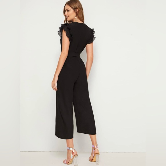 WDIRARA Women's Layered Ruffle Sleeve Notched V Neck Belted Jumpsuit NAVY BLUE - Picture 3 of 10